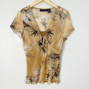 Y2K Silk Blouse Brown Floral Beaded Forest Fairy Whimsical Size Large Women's